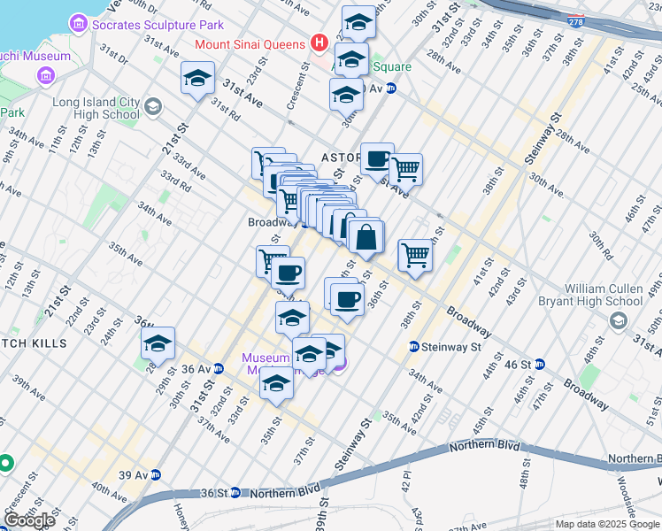map of restaurants, bars, coffee shops, grocery stores, and more near 32-14 33rd Street in Queens