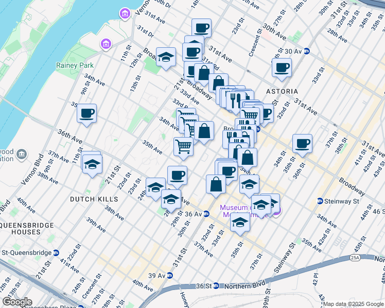 map of restaurants, bars, coffee shops, grocery stores, and more near 33-52 Crescent Street in Queens