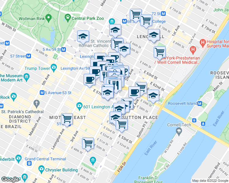 map of restaurants, bars, coffee shops, grocery stores, and more near 250 East 59th Street in New York