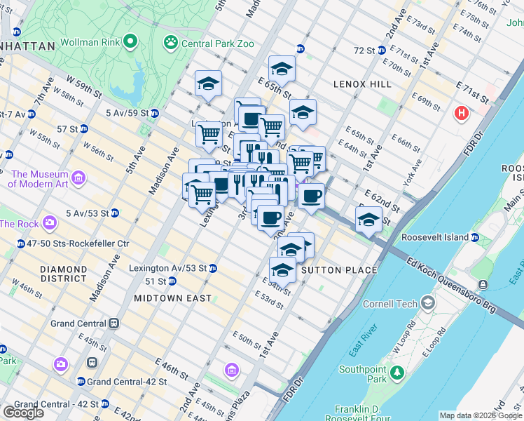 map of restaurants, bars, coffee shops, grocery stores, and more near 969 3rd Avenue in New York