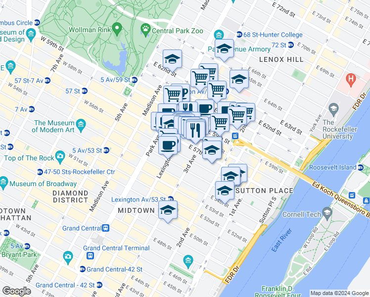 map of restaurants, bars, coffee shops, grocery stores, and more near 150 East 58th Street in New York