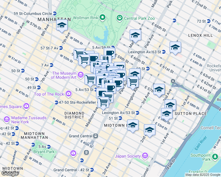 map of restaurants, bars, coffee shops, grocery stores, and more near 16 East 54th Street in New York