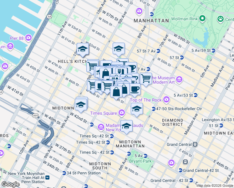 map of restaurants, bars, coffee shops, grocery stores, and more near in New York