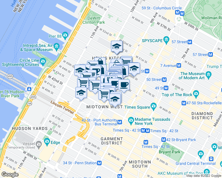 map of restaurants, bars, coffee shops, grocery stores, and more near 421 West 45th Street in New York