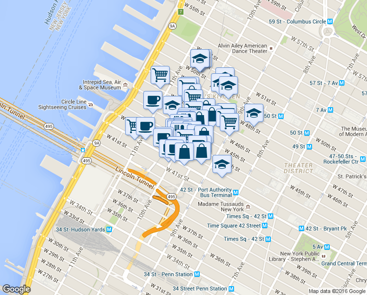map of restaurants, bars, coffee shops, grocery stores, and more near 500 West 43rd Street in New York