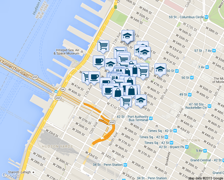 map of restaurants, bars, coffee shops, grocery stores, and more near 500 West 43rd Street in New York