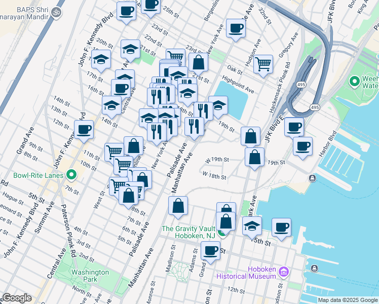 map of restaurants, bars, coffee shops, grocery stores, and more near 201 16th Street in Union City
