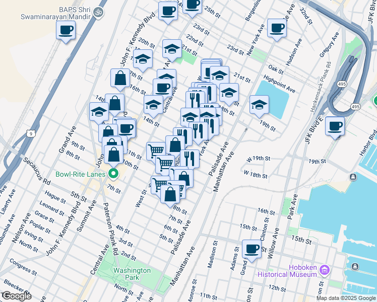 map of restaurants, bars, coffee shops, grocery stores, and more near 1317 Bergenline Avenue in Union City