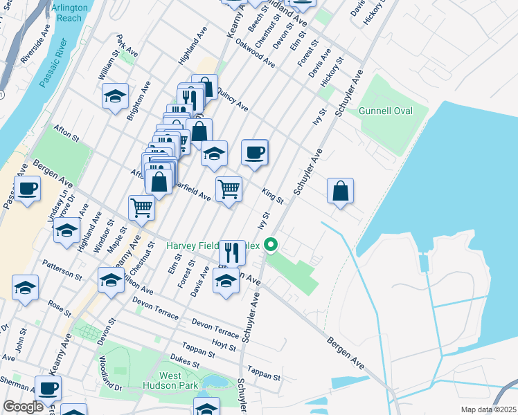 map of restaurants, bars, coffee shops, grocery stores, and more near 236 Davis Avenue in Kearny