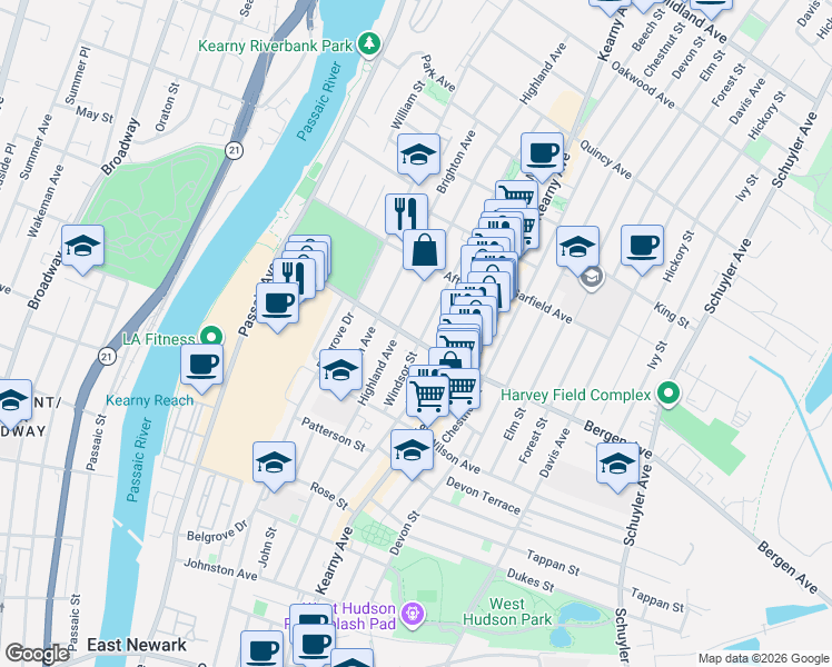 map of restaurants, bars, coffee shops, grocery stores, and more near 227 Highland Avenue in Kearny