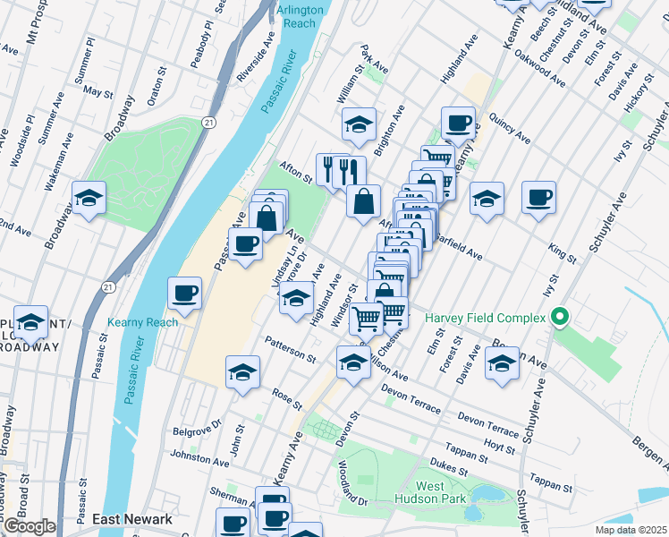 map of restaurants, bars, coffee shops, grocery stores, and more near 227 Highland Avenue in Kearny