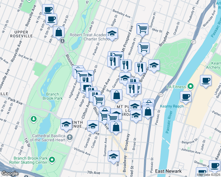 map of restaurants, bars, coffee shops, grocery stores, and more near 278 1/2 Garside Street in Newark