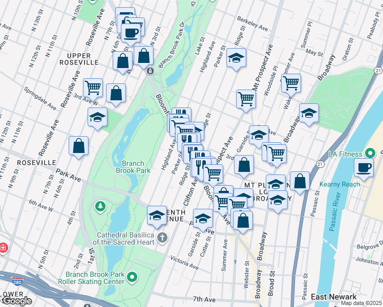 map of restaurants, bars, coffee shops, grocery stores, and more near 231 Parker Street in Newark