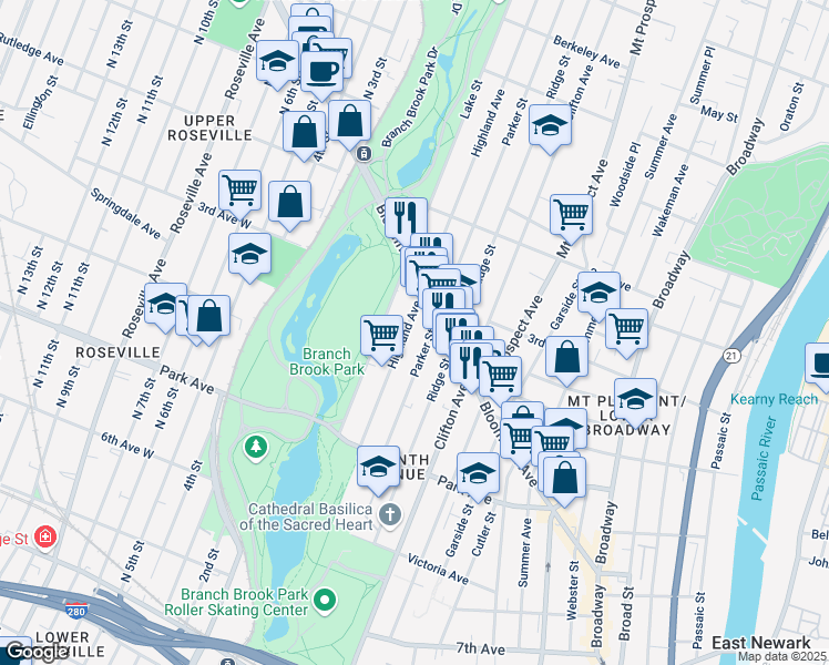 map of restaurants, bars, coffee shops, grocery stores, and more near 136 Highland Avenue in Newark