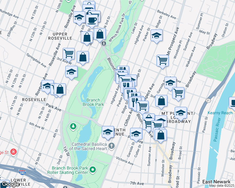 map of restaurants, bars, coffee shops, grocery stores, and more near 136 Highland Avenue in Newark