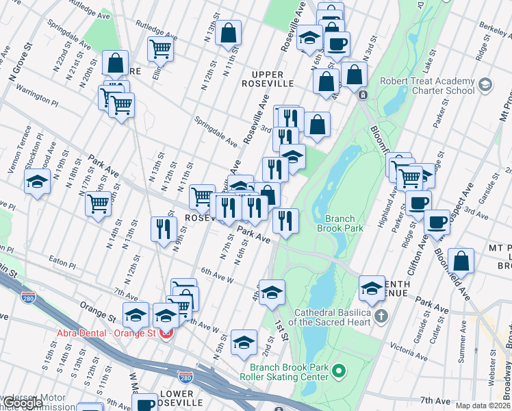 map of restaurants, bars, coffee shops, grocery stores, and more near 330 North 7th Street in Newark