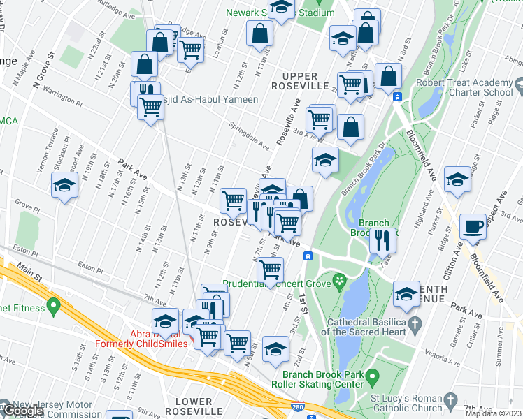 map of restaurants, bars, coffee shops, grocery stores, and more near 279 Roseville Avenue in Newark