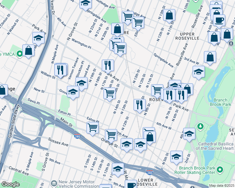 map of restaurants, bars, coffee shops, grocery stores, and more near 163 North 14th Street in East Orange