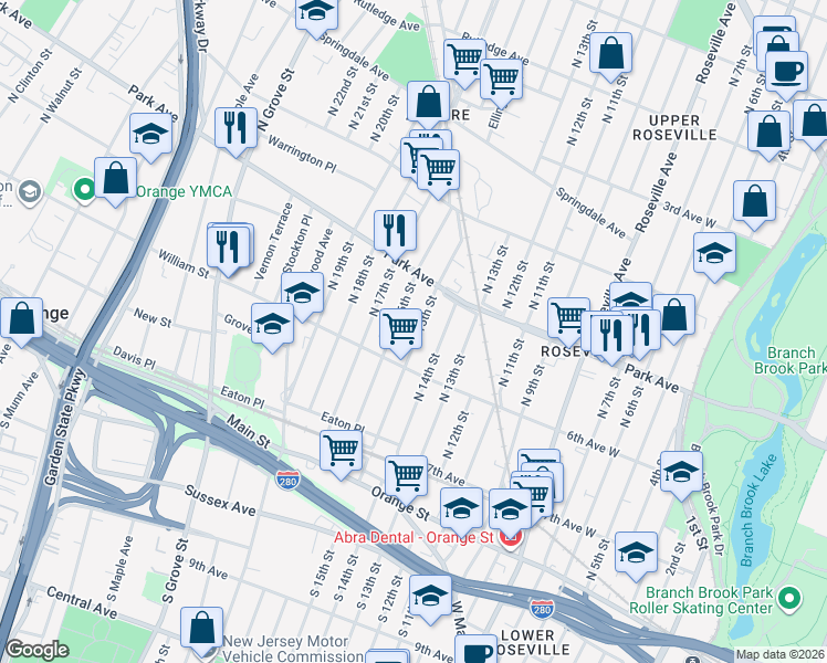 map of restaurants, bars, coffee shops, grocery stores, and more near 110 North 16th Street in East Orange