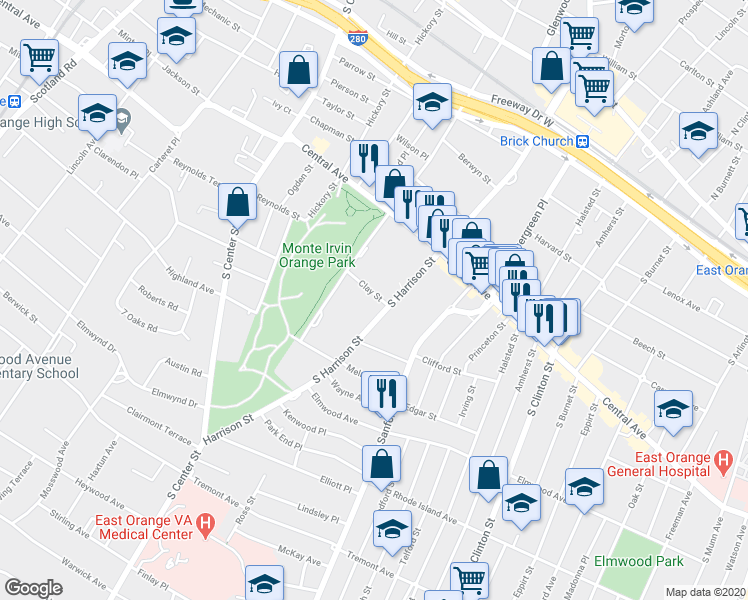 map of restaurants, bars, coffee shops, grocery stores, and more near 251 South Harrison Street in East Orange