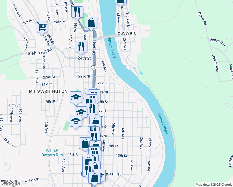 map of restaurants, bars, coffee shops, grocery stores, and more near 2012 5th Avenue in Beaver Falls