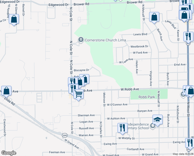 map of restaurants, bars, coffee shops, grocery stores, and more near 1804 N Charles St in Lima