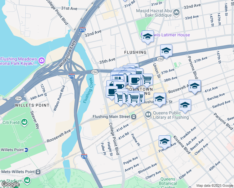 map of restaurants, bars, coffee shops, grocery stores, and more near 135-15 37th Avenue in Queens