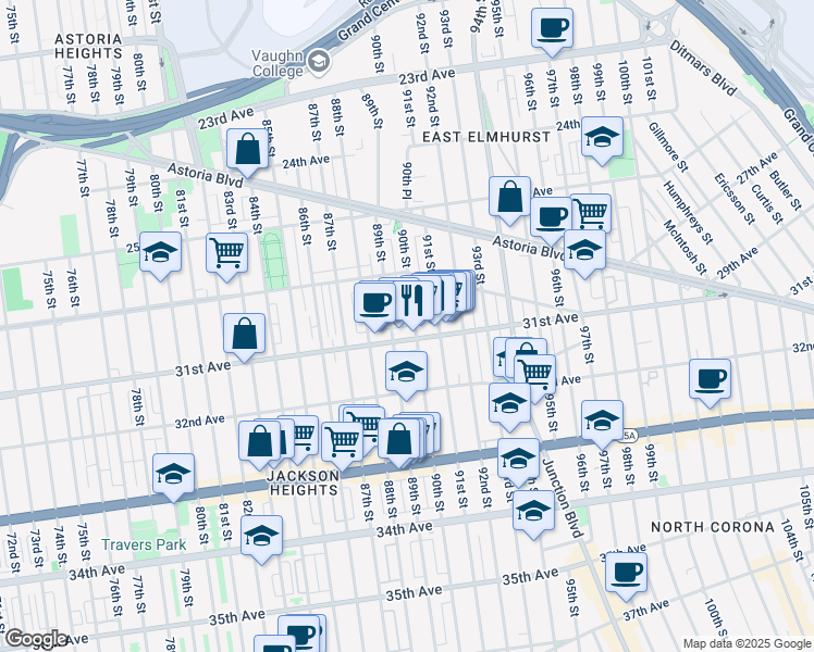 map of restaurants, bars, coffee shops, grocery stores, and more near 30-27 89th Street in Queens