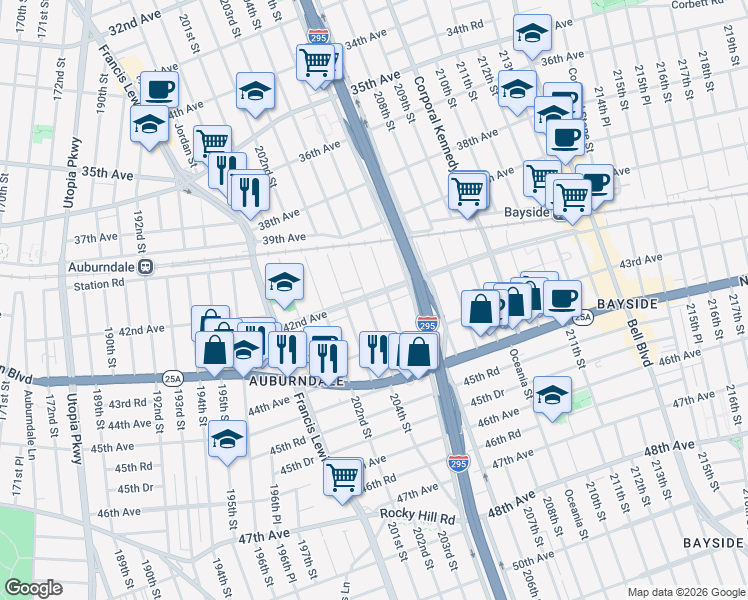 map of restaurants, bars, coffee shops, grocery stores, and more near 40-37 204th Street in Queens