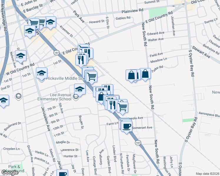 map of restaurants, bars, coffee shops, grocery stores, and more near 16 Murray Road in Hicksville
