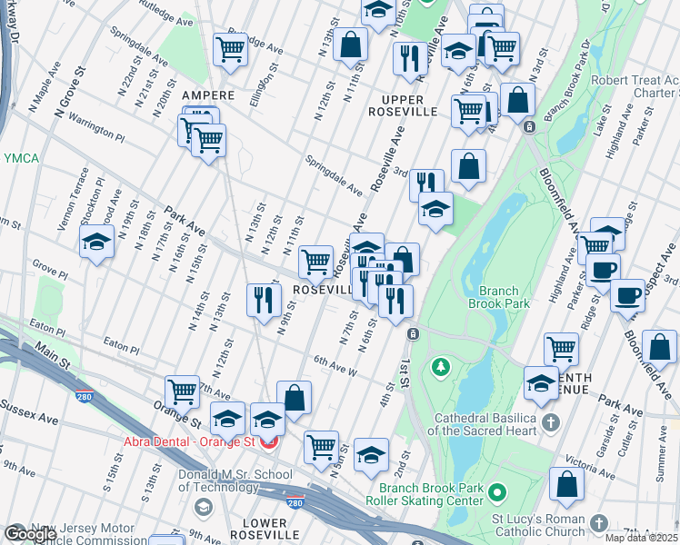 map of restaurants, bars, coffee shops, grocery stores, and more near 279 Roseville Avenue in Newark
