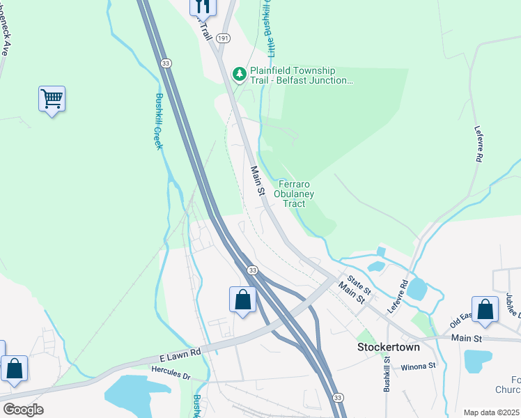 map of restaurants, bars, coffee shops, grocery stores, and more near 102 Ariel Court in Nazareth