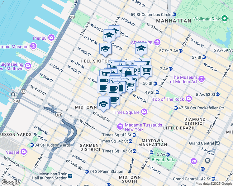 map of restaurants, bars, coffee shops, grocery stores, and more near West 46th Street in New York