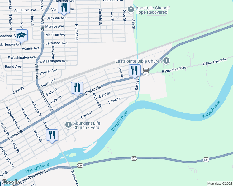 map of restaurants, bars, coffee shops, grocery stores, and more near 15 South Garfield Street in Peru