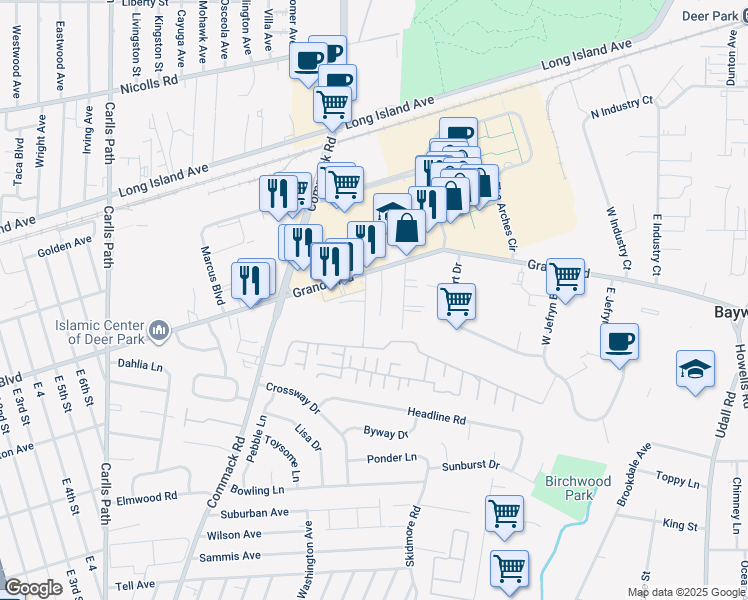 map of restaurants, bars, coffee shops, grocery stores, and more near 1 Brandywine Drive in Deer Park