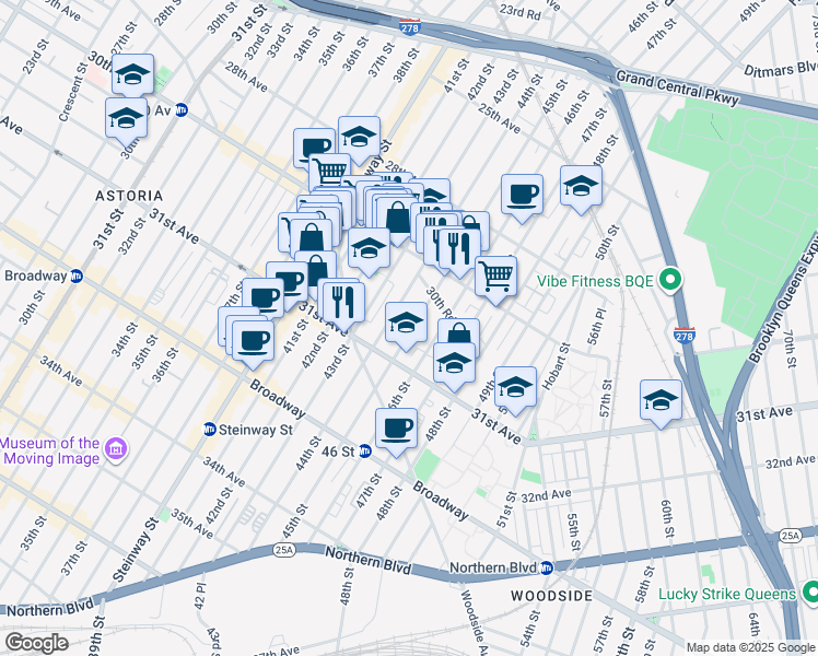map of restaurants, bars, coffee shops, grocery stores, and more near 30-49 44th Street in Queens