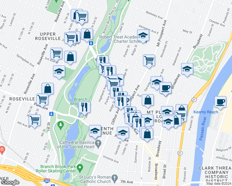 map of restaurants, bars, coffee shops, grocery stores, and more near 231 Parker Street in Newark