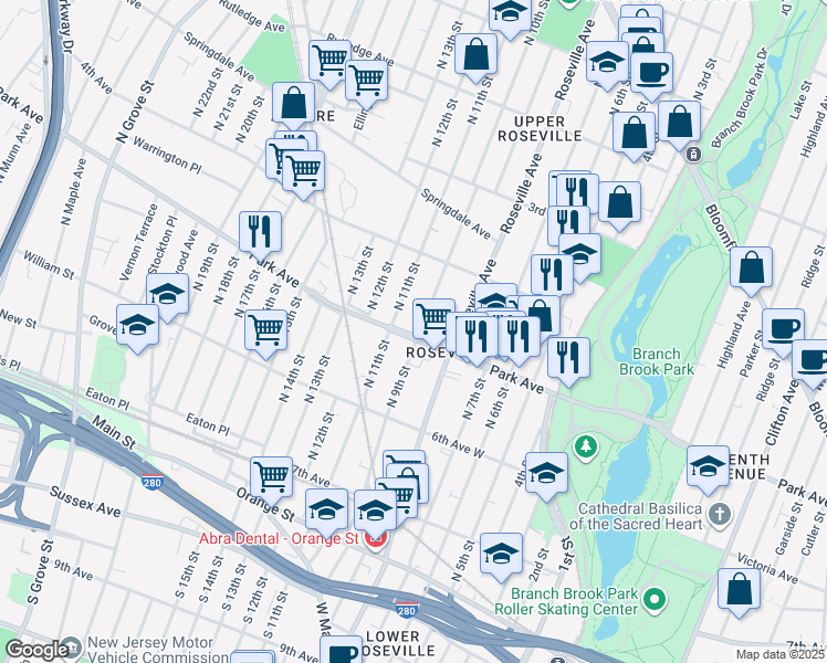 map of restaurants, bars, coffee shops, grocery stores, and more near 147 North 9th Street in Newark