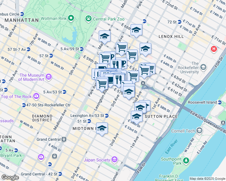 map of restaurants, bars, coffee shops, grocery stores, and more near 150 East 57th Street in New York