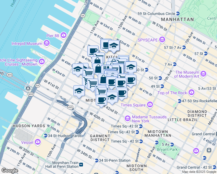 map of restaurants, bars, coffee shops, grocery stores, and more near 421 West 45th Street in New York