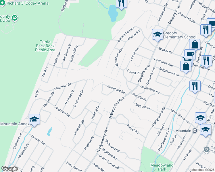 map of restaurants, bars, coffee shops, grocery stores, and more near 82 Blanchard Road in South Orange