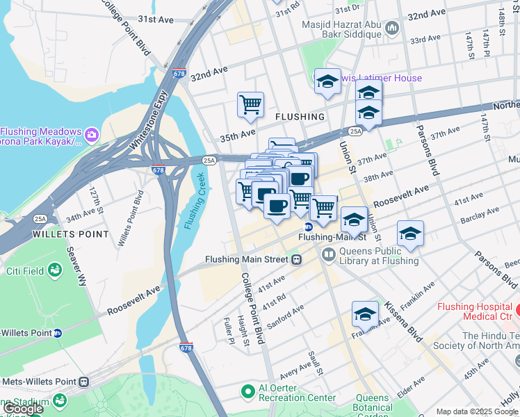 map of restaurants, bars, coffee shops, grocery stores, and more near 36-36 Prince Street in Queens