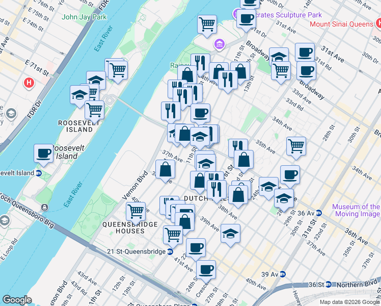 map of restaurants, bars, coffee shops, grocery stores, and more near 36-15 10th Street in Queens