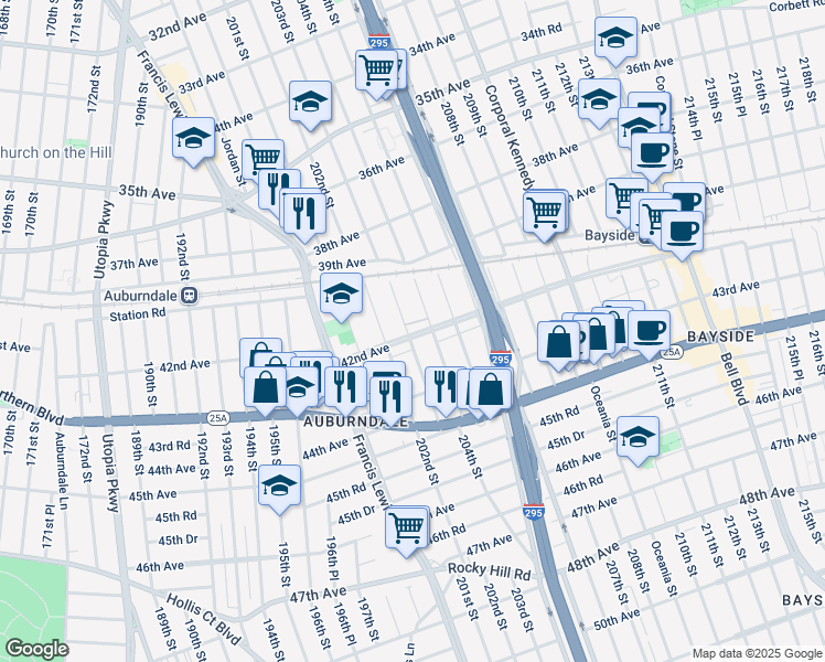 map of restaurants, bars, coffee shops, grocery stores, and more near 203-5 42nd Avenue in Queens