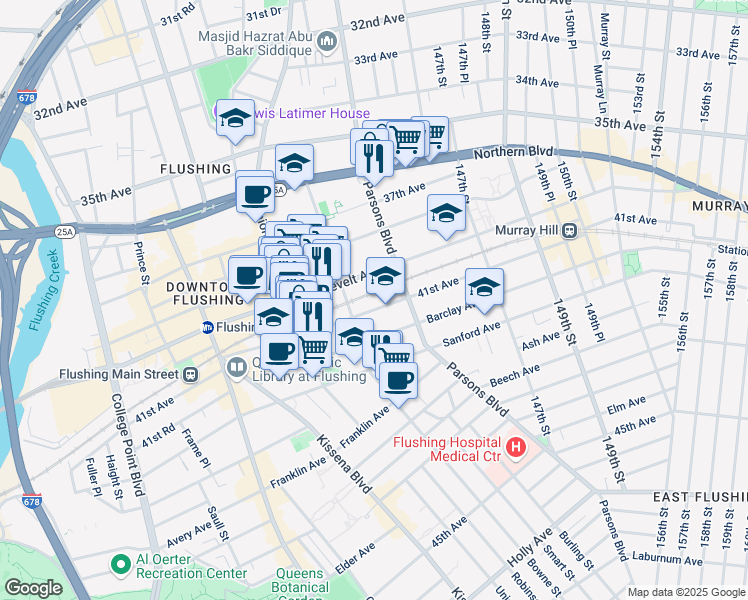 map of restaurants, bars, coffee shops, grocery stores, and more near 143-40 Roosevelt Avenue in Queens