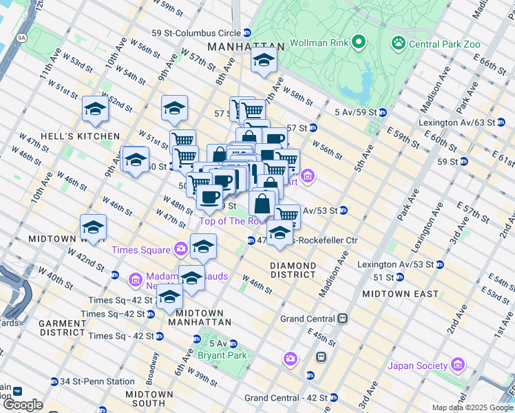 map of restaurants, bars, coffee shops, grocery stores, and more near 1271 Avenue of the Americas in New York