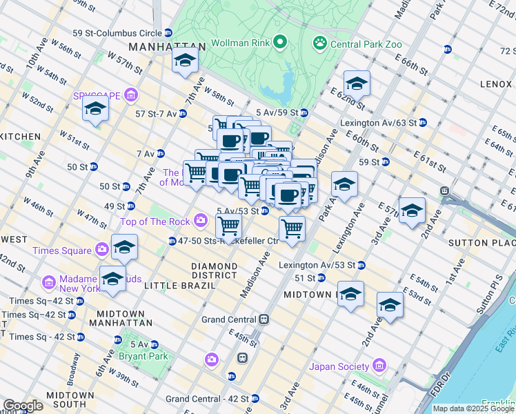 map of restaurants, bars, coffee shops, grocery stores, and more near 1 West 53rd Street in New York