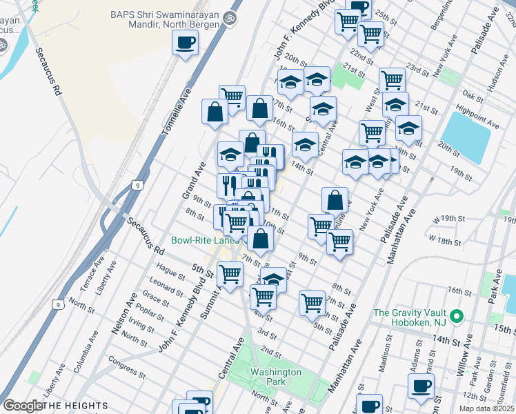 map of restaurants, bars, coffee shops, grocery stores, and more near 1107 Summit Avenue in Union City