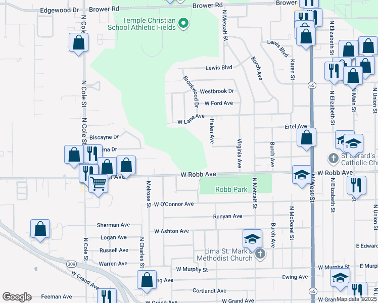 map of restaurants, bars, coffee shops, grocery stores, and more near 800 West Robb Avenue in Lima