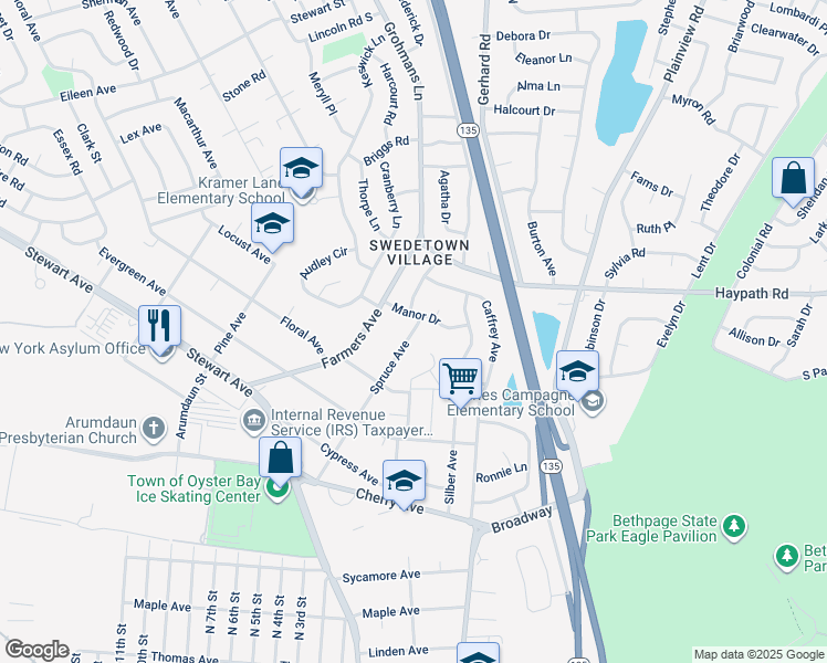 map of restaurants, bars, coffee shops, grocery stores, and more near 114 Spruce Avenue in Bethpage